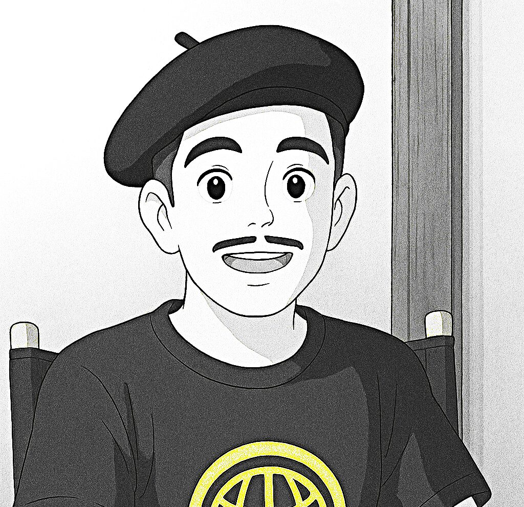 A man with a mustache and a beret is shown in animation style blackline drawing. Only the logo of his t-shirt shows yellow color. 